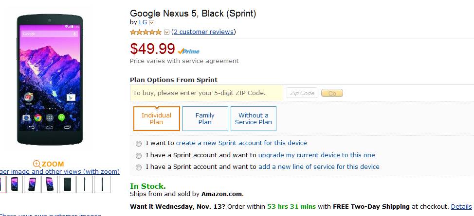 Nexus 5 via Amazon on sprint